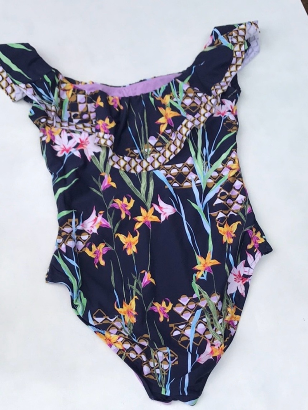 Trina Turk Fiji Floral Ruffle Off The Shoulder One Piece Swimsuit 12 Blue Multi
